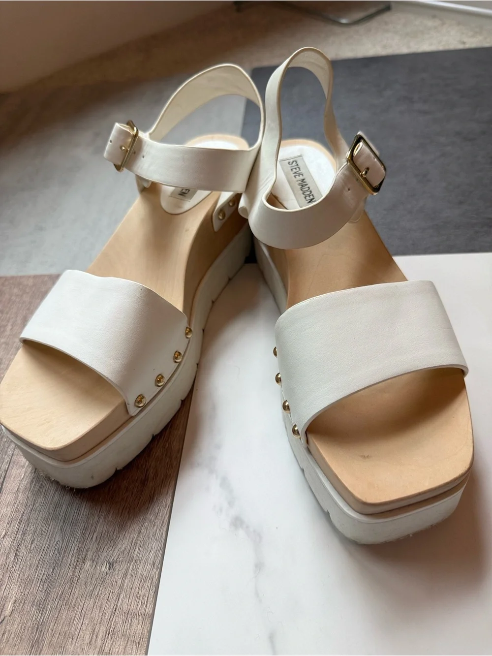 Steve Madden White Platform Sandals with Gold Studs